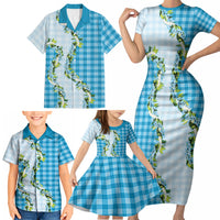 Blue Hawaii Palaka Family Matching Short Sleeve Bodycon Dress and Hawaiian Shirt Maile Pikake Honohono Orchid Lei LT05 - Polynesian Pride
