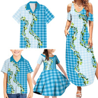 Blue Hawaii Palaka Family Matching Summer Maxi Dress and Hawaiian Shirt Maile Pikake Honohono Orchid Lei