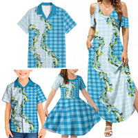 Blue Hawaii Palaka Family Matching Summer Maxi Dress and Hawaiian Shirt Maile Pikake Honohono Orchid Lei LT05 - Polynesian Pride