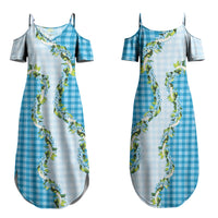Blue Hawaii Palaka Family Matching Summer Maxi Dress and Hawaiian Shirt Maile Pikake Honohono Orchid Lei LT05 Mom's Dress Blue - Polynesian Pride