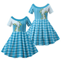 Blue Hawaii Palaka Family Matching Summer Maxi Dress and Hawaiian Shirt Maile Pikake Honohono Orchid Lei LT05 Daughter's Dress Blue - Polynesian Pride