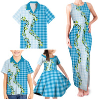 Blue Hawaii Palaka Family Matching Tank Maxi Dress and Hawaiian Shirt Maile Pikake Honohono Orchid Lei