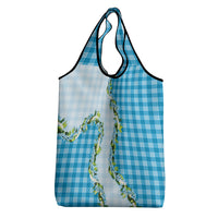 Blue Hawaii Palaka Grocery Bag Maile Pikake Honohono Orchid Lei