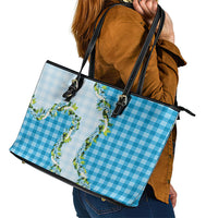 Blue Hawaii Palaka Leather Tote Bag Maile Pikake Honohono Orchid Lei