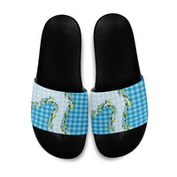 Blue Hawaii Palaka Slide Sandals Maile Pikake Honohono Orchid Lei