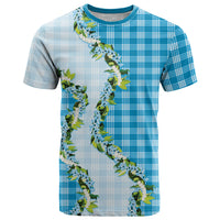 Blue Hawaii Palaka T Shirt Maile Pikake Honohono Orchid Lei