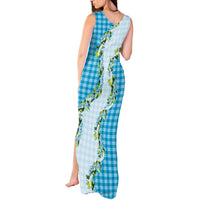 Blue Hawaii Palaka Tank Maxi Dress Maile Pikake Honohono Orchid Lei