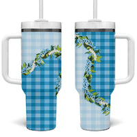 Blue Hawaii Palaka Tumbler With Handle Maile Pikake Honohono Orchid Lei