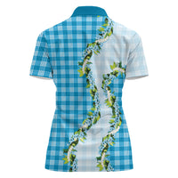 Blue Hawaii Palaka Women Polo Shirt Maile Pikake Honohono Orchid Lei