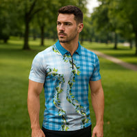 Blue Hawaii Palaka Zipper Polo Shirt Maile Pikake Honohono Orchid Lei