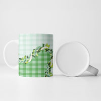 Green Hawaii Palaka Ceramic Mug Maile Pikake Honohono Orchid Lei