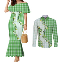 Green Hawaii Palaka Couples Matching Mermaid Dress and Long Sleeve Button Shirt Maile Pikake Honohono Orchid Lei