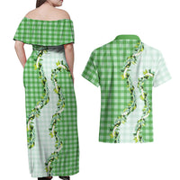 Green Hawaii Palaka Couples Matching Off Shoulder Maxi Dress and Hawaiian Shirt Maile Pikake Honohono Orchid Lei