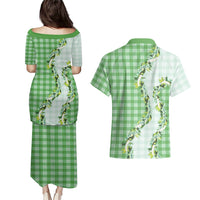 Green Hawaii Palaka Couples Matching Puletasi and Hawaiian Shirt Maile Pikake Honohono Orchid Lei