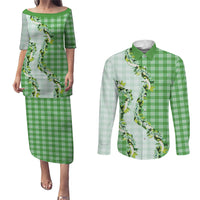 Green Hawaii Palaka Couples Matching Puletasi and Long Sleeve Button Shirt Maile Pikake Honohono Orchid Lei