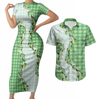 Green Hawaii Palaka Couples Matching Short Sleeve Bodycon Dress and Hawaiian Shirt Maile Pikake Honohono Orchid Lei LT05 Green - Polynesian Pride