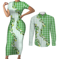 Green Hawaii Palaka Couples Matching Short Sleeve Bodycon Dress and Long Sleeve Button Shirt Maile Pikake Honohono Orchid Lei