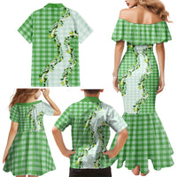 Green Hawaii Palaka Family Matching Mermaid Dress and Hawaiian Shirt Maile Pikake Honohono Orchid Lei