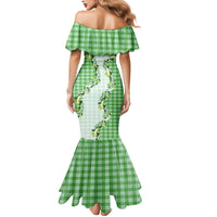 Green Hawaii Palaka Family Matching Mermaid Dress and Hawaiian Shirt Maile Pikake Honohono Orchid Lei