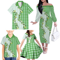 Green Hawaii Palaka Family Matching Off The Shoulder Long Sleeve Dress and Hawaiian Shirt Maile Pikake Honohono Orchid Lei