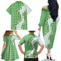 Green Hawaii Palaka Family Matching Off The Shoulder Long Sleeve Dress and Hawaiian Shirt Maile Pikake Honohono Orchid Lei
