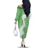 Green Hawaii Palaka Family Matching Off The Shoulder Long Sleeve Dress and Hawaiian Shirt Maile Pikake Honohono Orchid Lei