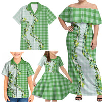 Green Hawaii Palaka Family Matching Off Shoulder Maxi Dress and Hawaiian Shirt Maile Pikake Honohono Orchid Lei LT05 - Polynesian Pride