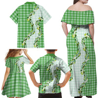 Green Hawaii Palaka Family Matching Off Shoulder Maxi Dress and Hawaiian Shirt Maile Pikake Honohono Orchid Lei