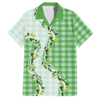 Green Hawaii Palaka Family Matching Off Shoulder Maxi Dress and Hawaiian Shirt Maile Pikake Honohono Orchid Lei