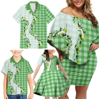 Green Hawaii Palaka Family Matching Off Shoulder Short Dress and Hawaiian Shirt Maile Pikake Honohono Orchid Lei