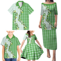 Green Hawaii Palaka Family Matching Puletasi and Hawaiian Shirt Maile Pikake Honohono Orchid Lei