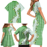 Green Hawaii Palaka Family Matching Short Sleeve Bodycon Dress and Hawaiian Shirt Maile Pikake Honohono Orchid Lei