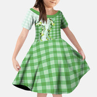 Green Hawaii Palaka Kid Short Sleeve Dress Maile Pikake Honohono Orchid Lei