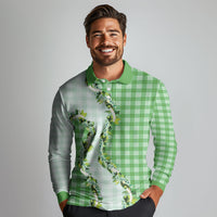 Green Hawaii Palaka Long Sleeve Polo Shirt Maile Pikake Honohono Orchid Lei