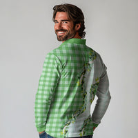 Green Hawaii Palaka Long Sleeve Polo Shirt Maile Pikake Honohono Orchid Lei
