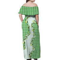 Green Hawaii Palaka Off Shoulder Maxi Dress Maile Pikake Honohono Orchid Lei