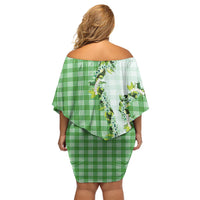 Green Hawaii Palaka Off Shoulder Short Dress Maile Pikake Honohono Orchid Lei