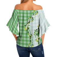 Green Hawaii Palaka Off Shoulder Wrap Waist Top Maile Pikake Honohono Orchid Lei LT05 - Polynesian Pride
