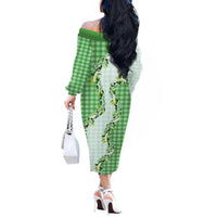Green Hawaii Palaka Off The Shoulder Long Sleeve Dress Maile Pikake Honohono Orchid Lei