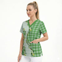 Green Hawaii Palaka Scrub Top Maile Pikake Honohono Orchid Lei