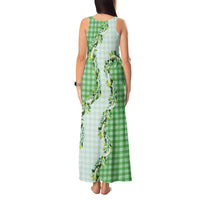 Green Hawaii Palaka Tank Maxi Dress Maile Pikake Honohono Orchid Lei