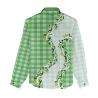 Green Hawaii Palaka Women Casual Shirt Maile Pikake Honohono Orchid Lei