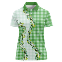 Green Hawaii Palaka Women Polo Shirt Maile Pikake Honohono Orchid Lei