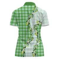 Green Hawaii Palaka Women Polo Shirt Maile Pikake Honohono Orchid Lei