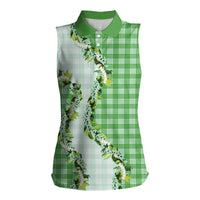Green Hawaii Palaka Women Sleeveless Polo Shirt Maile Pikake Honohono Orchid Lei