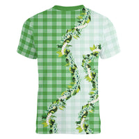 Green Hawaii Palaka Women V-Neck T-Shirt Maile Pikake Honohono Orchid Lei