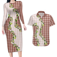 Mocha Hawaii Palaka Couples Matching Long Sleeve Bodycon Dress and Hawaiian Shirt Maile Pikake Honohono Orchid Lei
