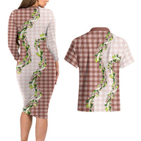 Mocha Hawaii Palaka Couples Matching Long Sleeve Bodycon Dress and Hawaiian Shirt Maile Pikake Honohono Orchid Lei