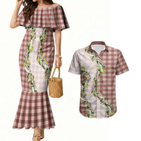 Mocha Hawaii Palaka Couples Matching Mermaid Dress and Hawaiian Shirt Maile Pikake Honohono Orchid Lei LT05 Mocha - Polynesian Pride