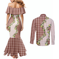 Mocha Hawaii Palaka Couples Matching Mermaid Dress and Long Sleeve Button Shirt Maile Pikake Honohono Orchid Lei